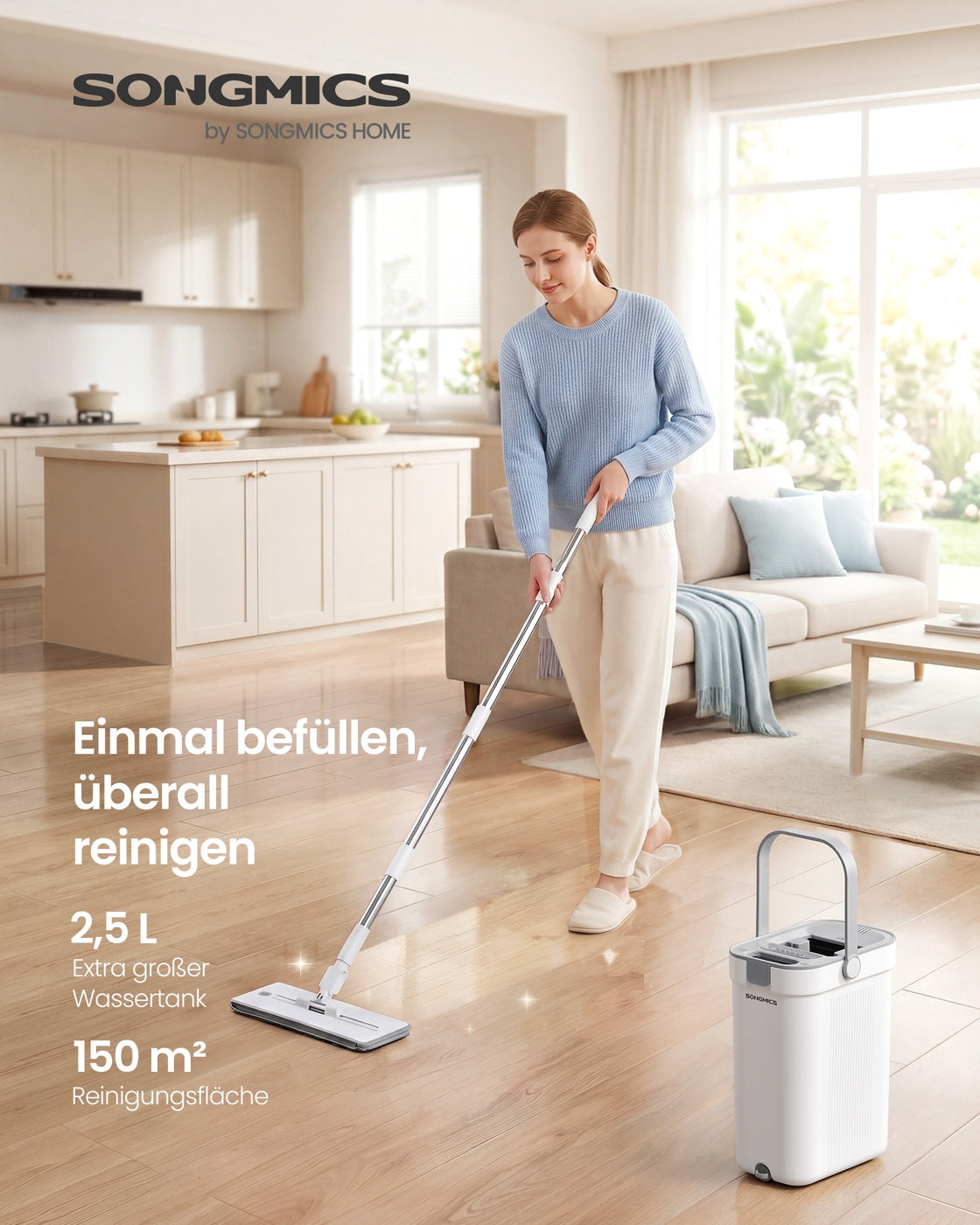 Dweilset met Emmer - 4 Microvezelhoezen - Gescheiden Waterkamers - Wit-Grijs