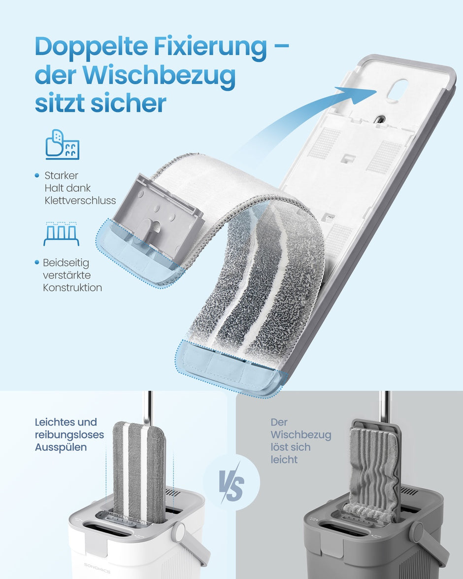 Dweilset met Emmer - 4 Microvezelhoezen - Gescheiden Waterkamers - Wit-Grijs