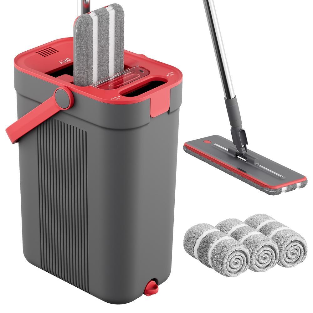 Dweilset met Emmer - 3 Microvezelhoezen - Gescheiden Waterkamers - Grijs-Rood