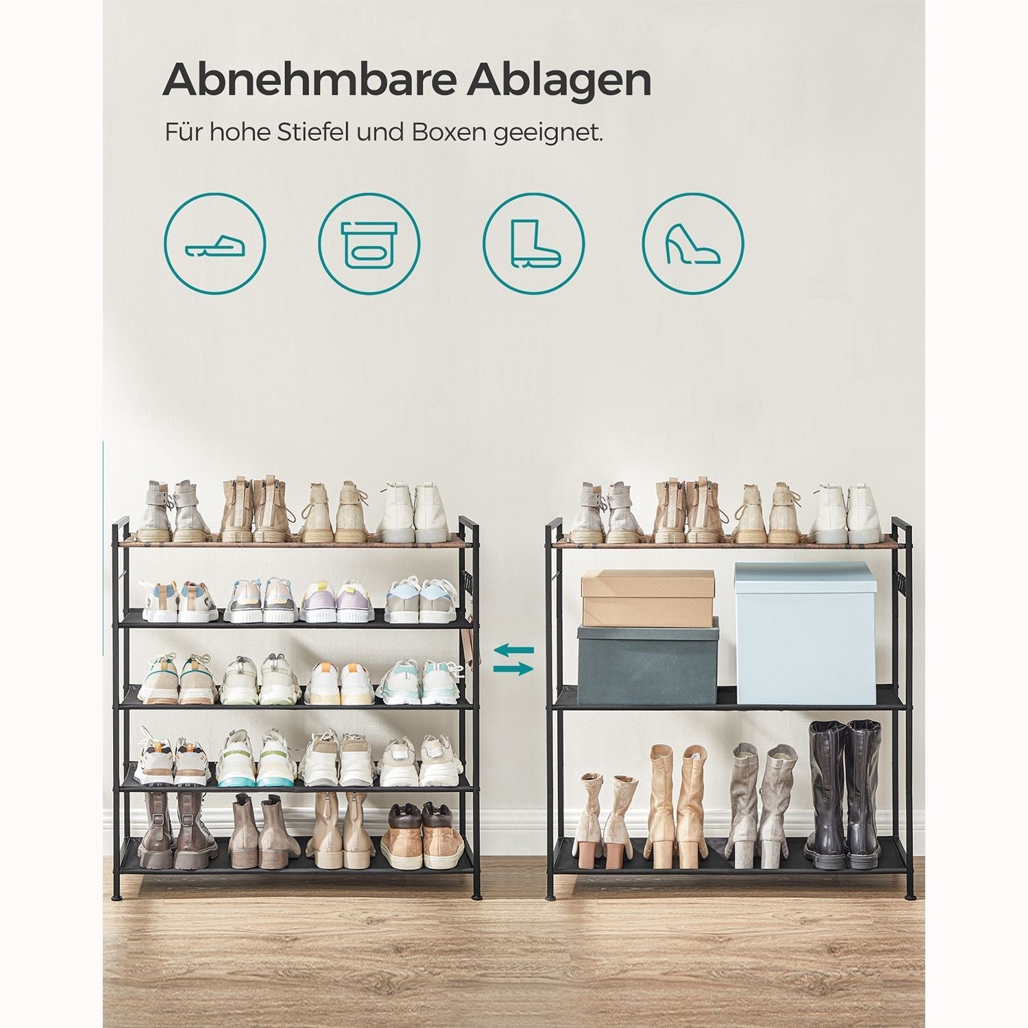 Schuhregal mit 5 Levels und Oberfläche für Taschen - Industriell - braun / schwarz