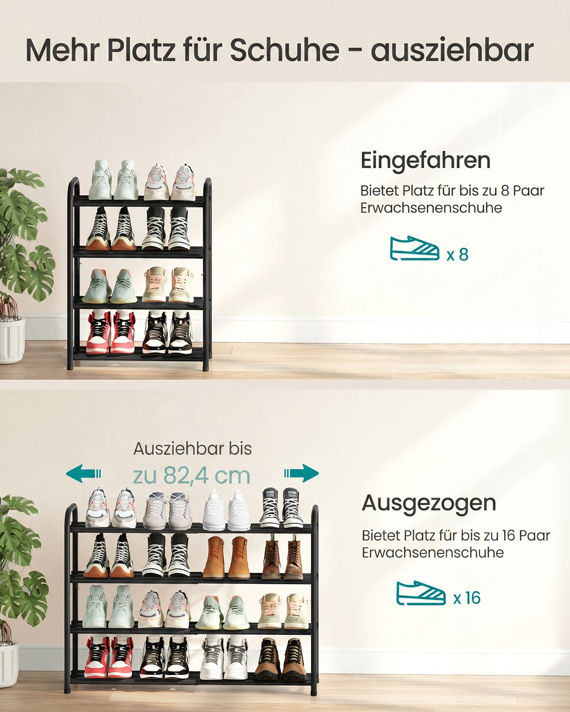 Schoenenrek – Uitschuifbaar 44-82 cm – Verstelbare Planken – Metaal – Inktzwart