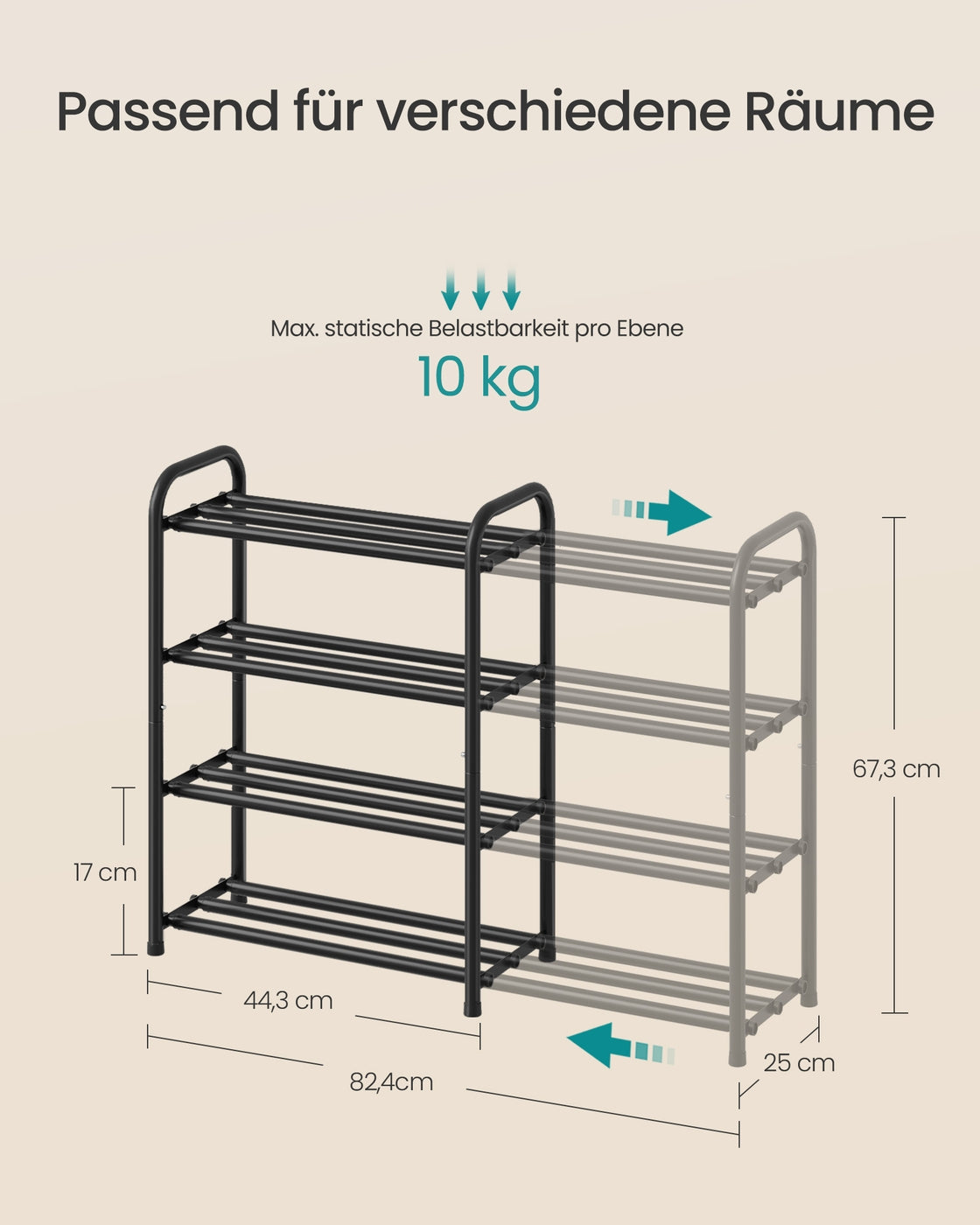 Schoenenrek – Uitschuifbaar 44-82 cm – Verstelbare Planken – Metaal – Inktzwart