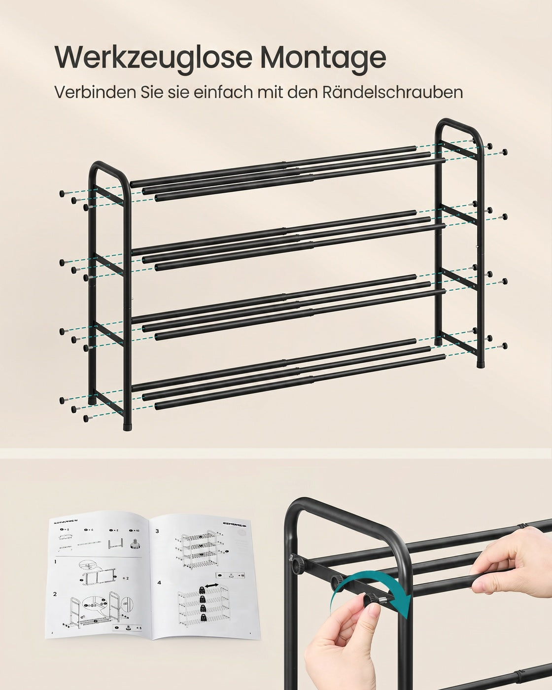 Schoenenrek – Uitschuifbaar 44-82 cm – Verstelbare Planken – Metaal – Inktzwart