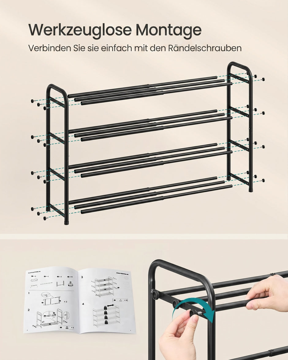 Schoenenrek – Uitschuifbaar 44-82 cm – Verstelbare Planken – Metaal – Inktzwart