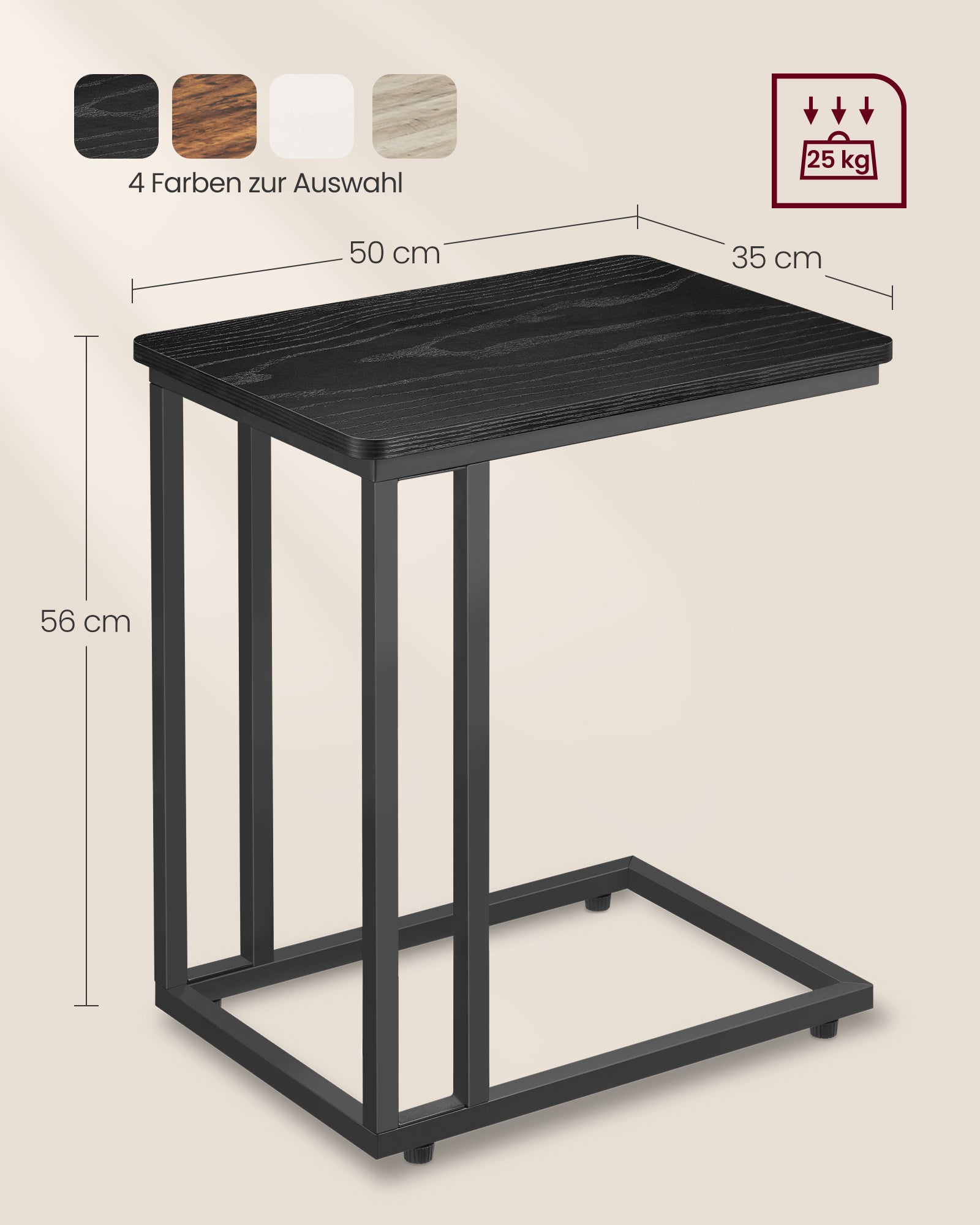 Seitenstisch-C-Form-On-Räder-Ebony Schwarz