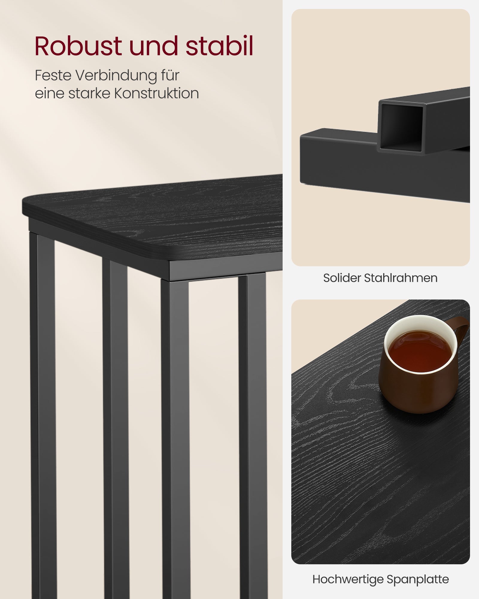 Seitenstisch-C-Form-On-Räder-Ebony Schwarz