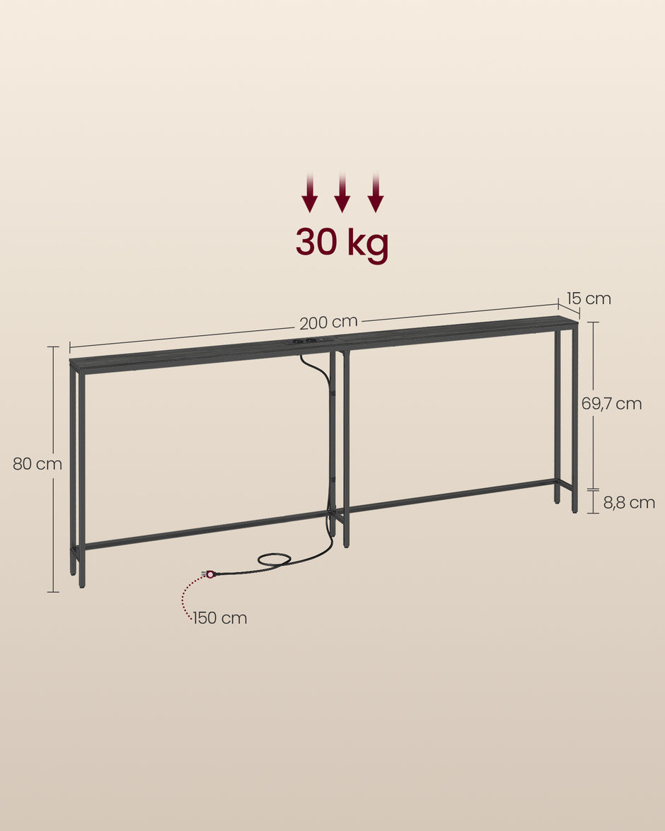 Sidetable met Laadstation – 2 Bladen – Smal – 200 x 15 x 80 cm – Zwart Houtlook
