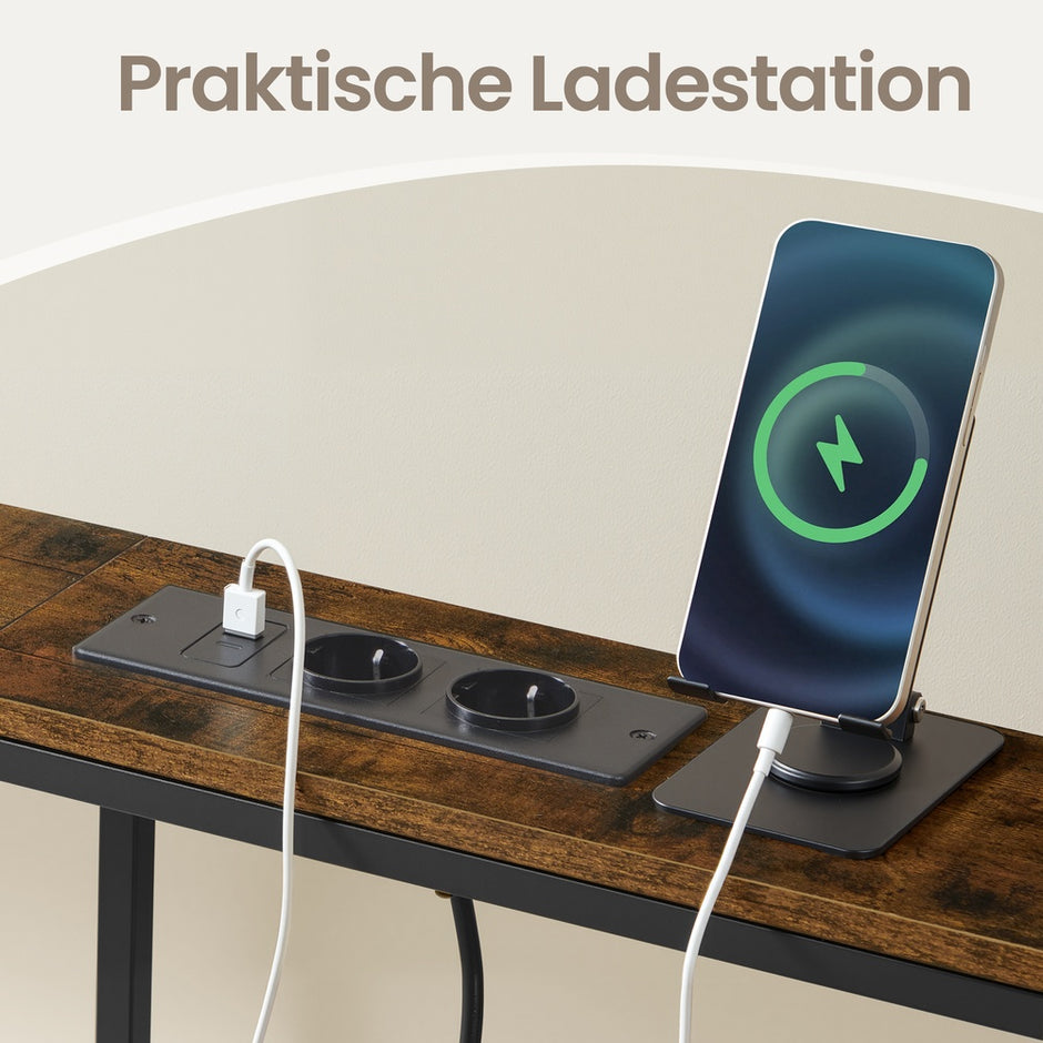 Consoletafel - 200 cm Breed - Met Oplaadstation - 2 Bladen - Bruin-Zwart
