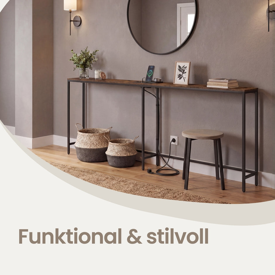 Consoletafel - 200 cm Breed - Met Oplaadstation - 2 Bladen - Bruin-Zwart