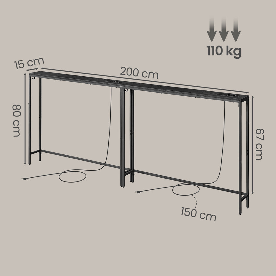 Sidetable - Smal met Stopcontact - Antracietgrijs, inktzwart - 100 x 15 x 80 cm