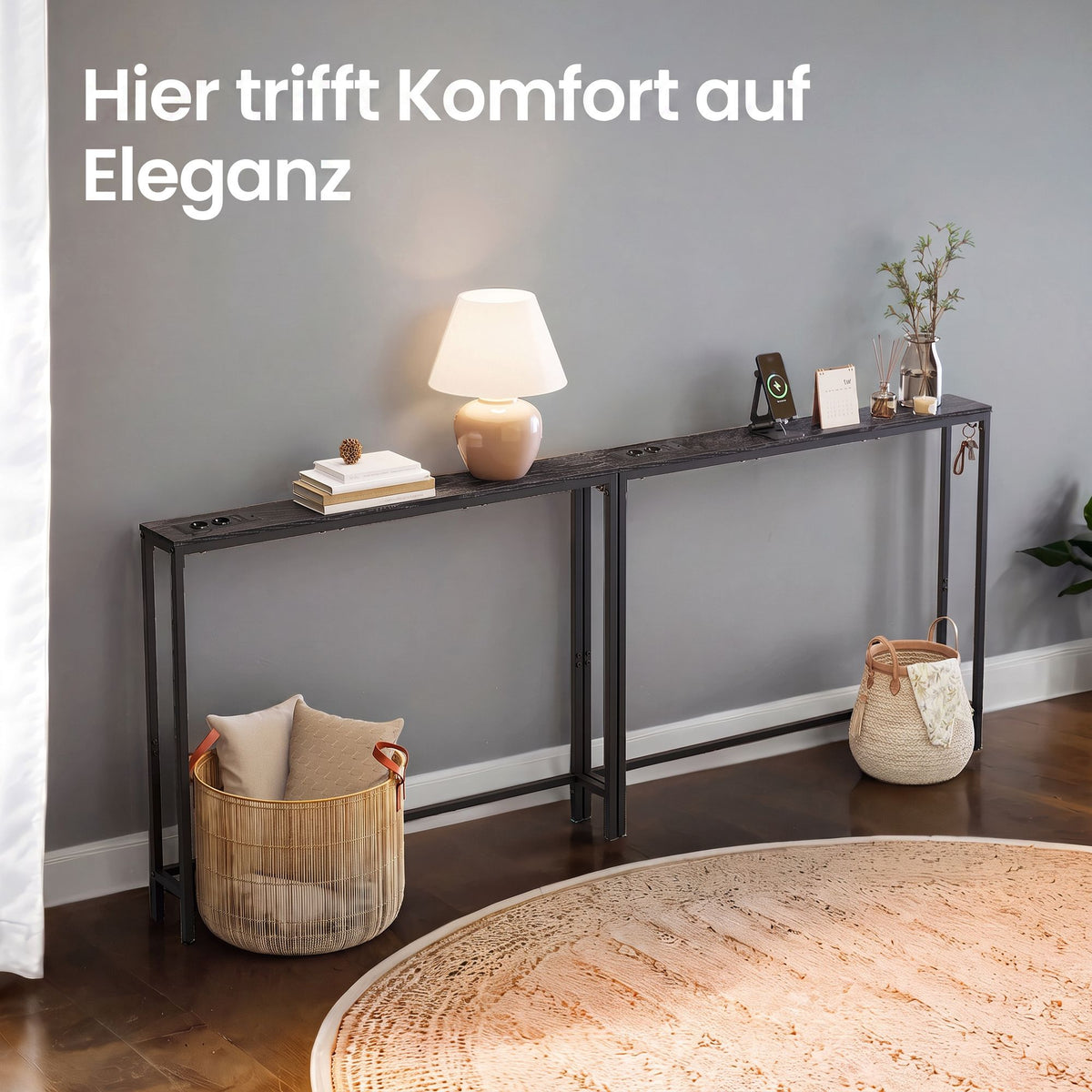 Sidetable - Smal met Stopcontact - Antracietgrijs, inktzwart - 100 x 15 x 80 cm