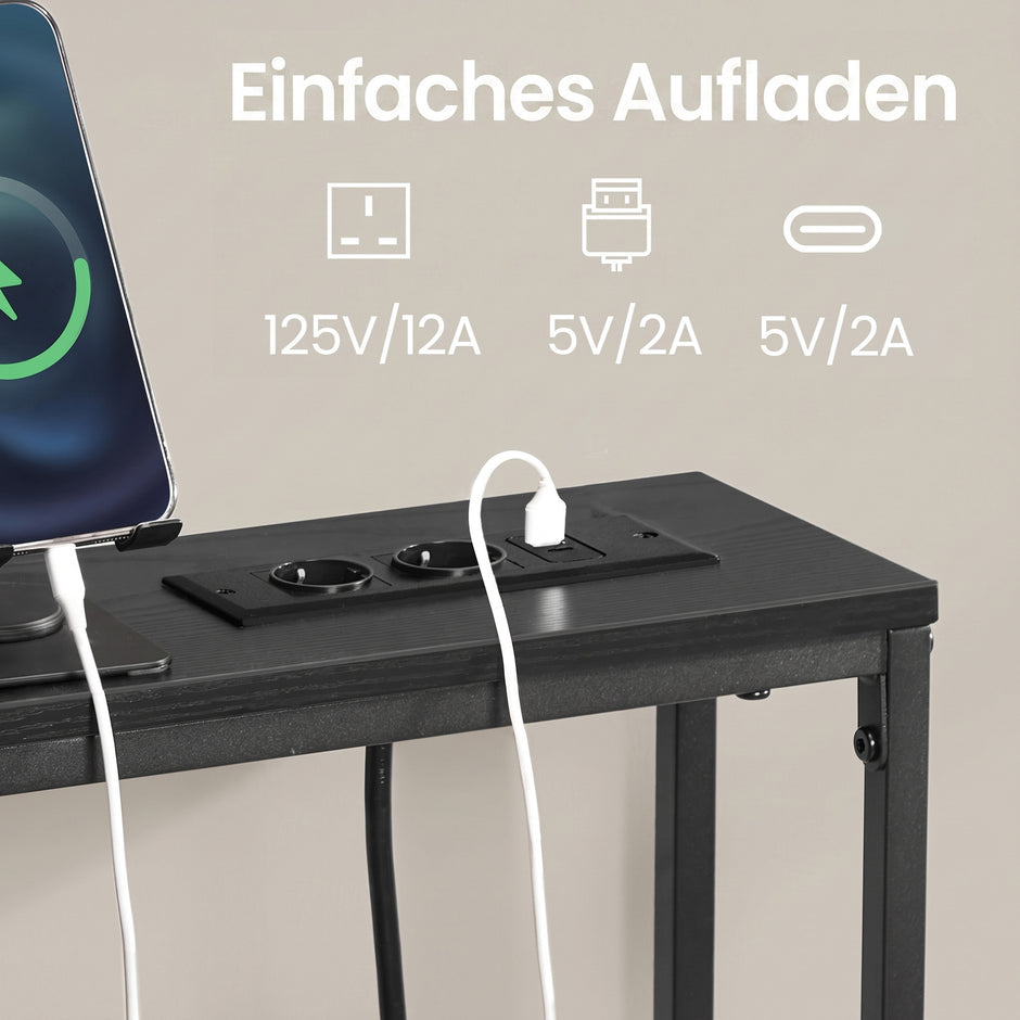 Sidetable - Smal met Stopcontact - Antracietgrijs, inktzwart - 100 x 15 x 80 cm