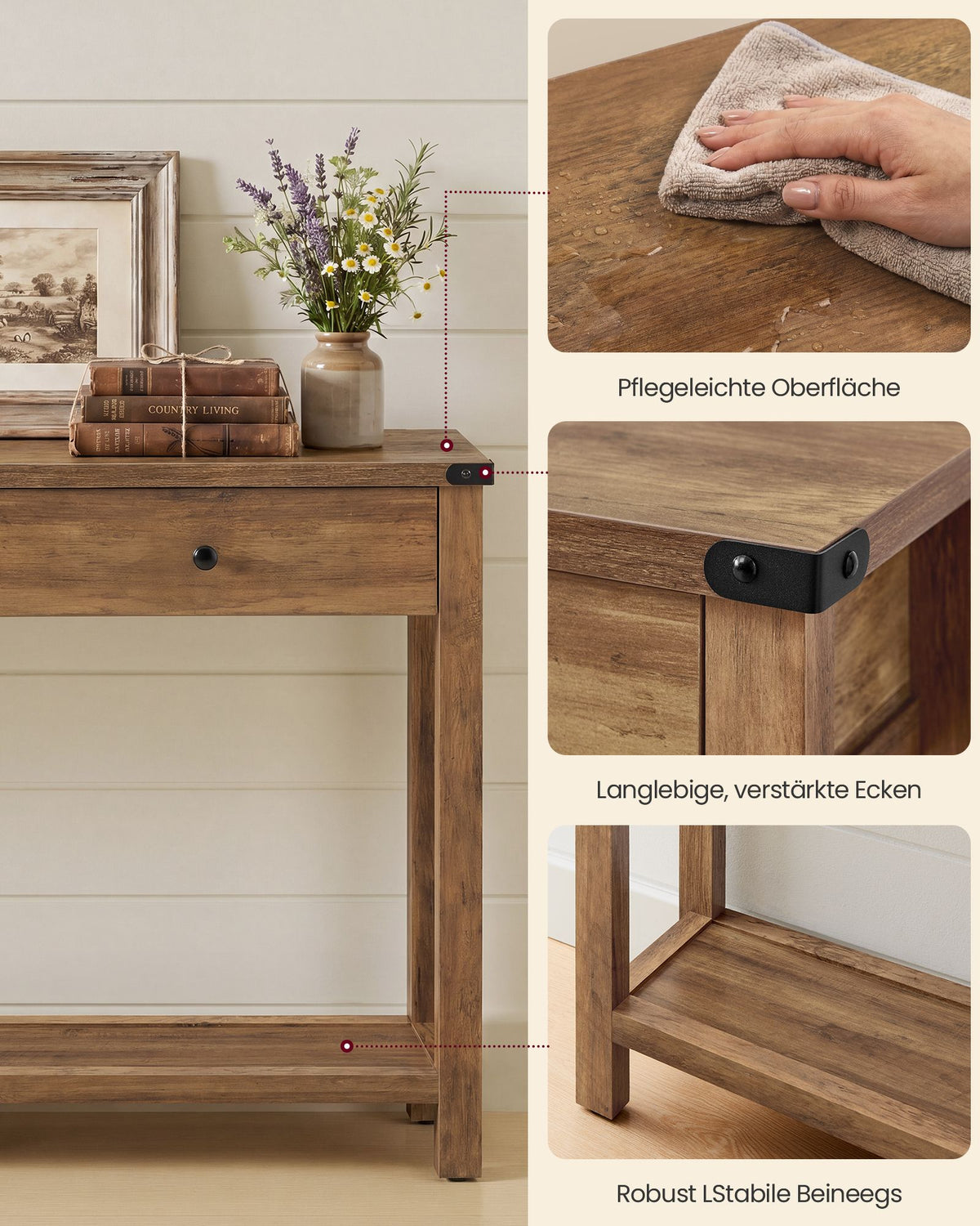 Sidetable - Smal met Schuifladen - Aardbruin - 100 x 24 x 76 cm