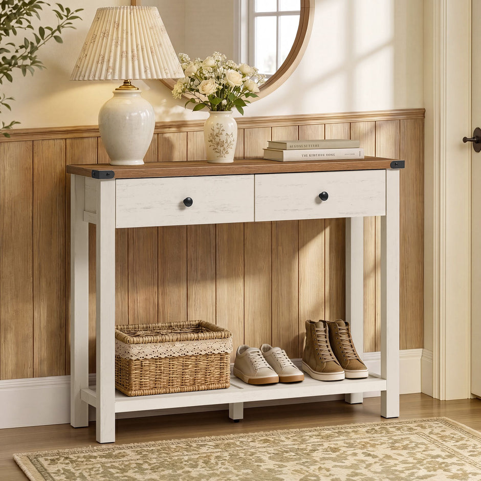 Sidetable - Smal met Schuifladen - Wolkwit, aardbruin - 100 x 24 x 76 cm