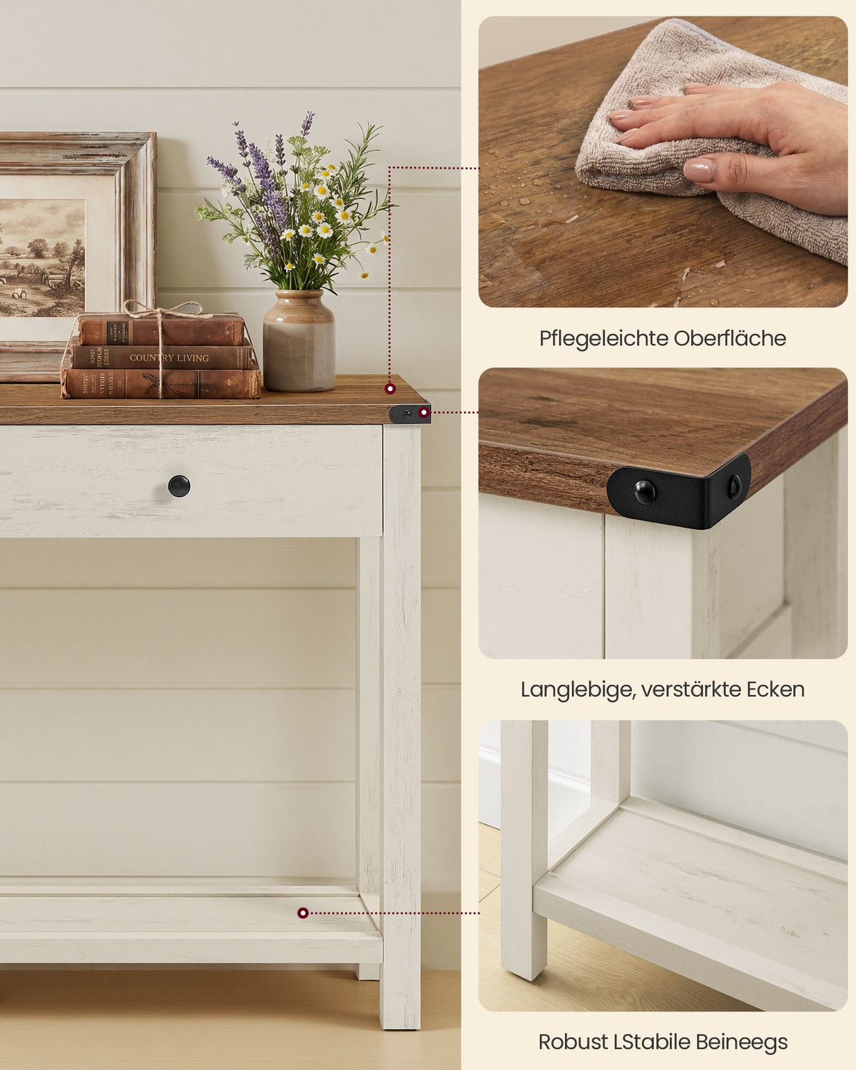 Sidetable - Smal met Schuifladen - Wolkwit, aardbruin - 100 x 24 x 76 cm