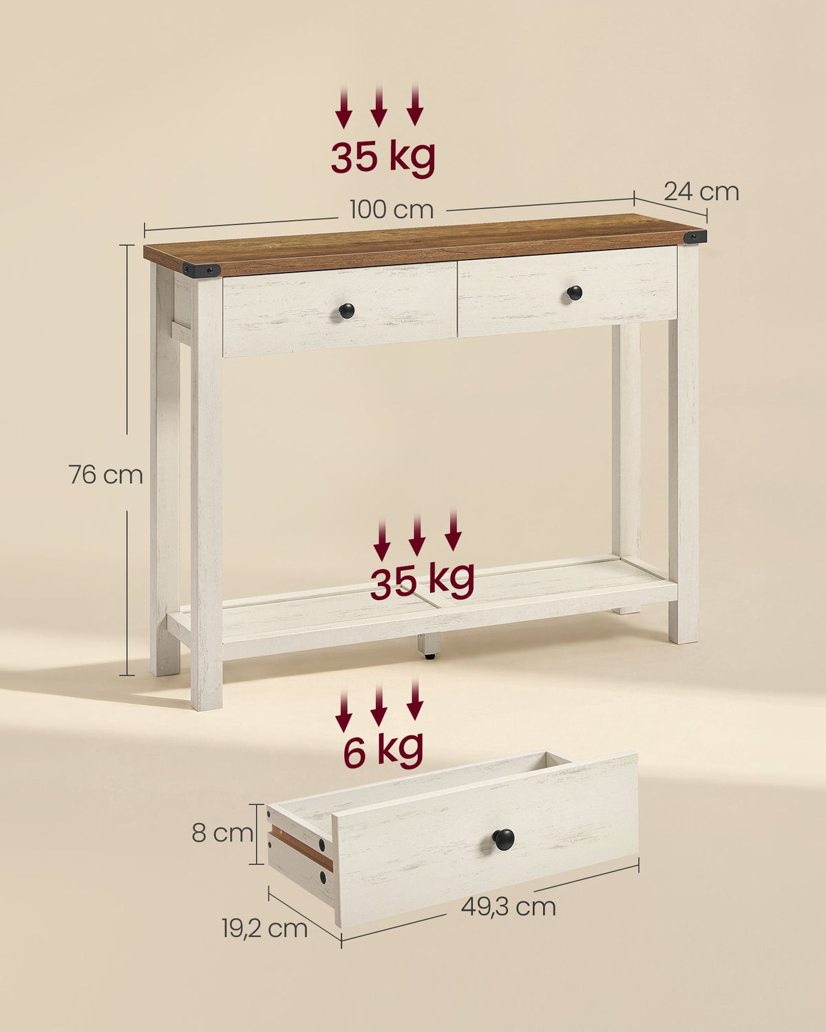 Sidetable - Smal met Schuifladen - Wolkwit, aardbruin - 100 x 24 x 76 cm