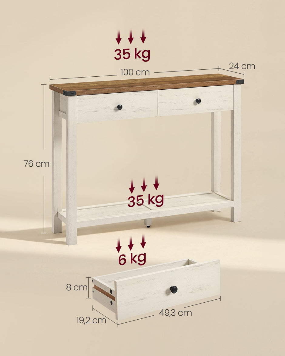 Sidetable - Smal met Schuifladen - Wolkwit, aardbruin - 100 x 24 x 76 cm