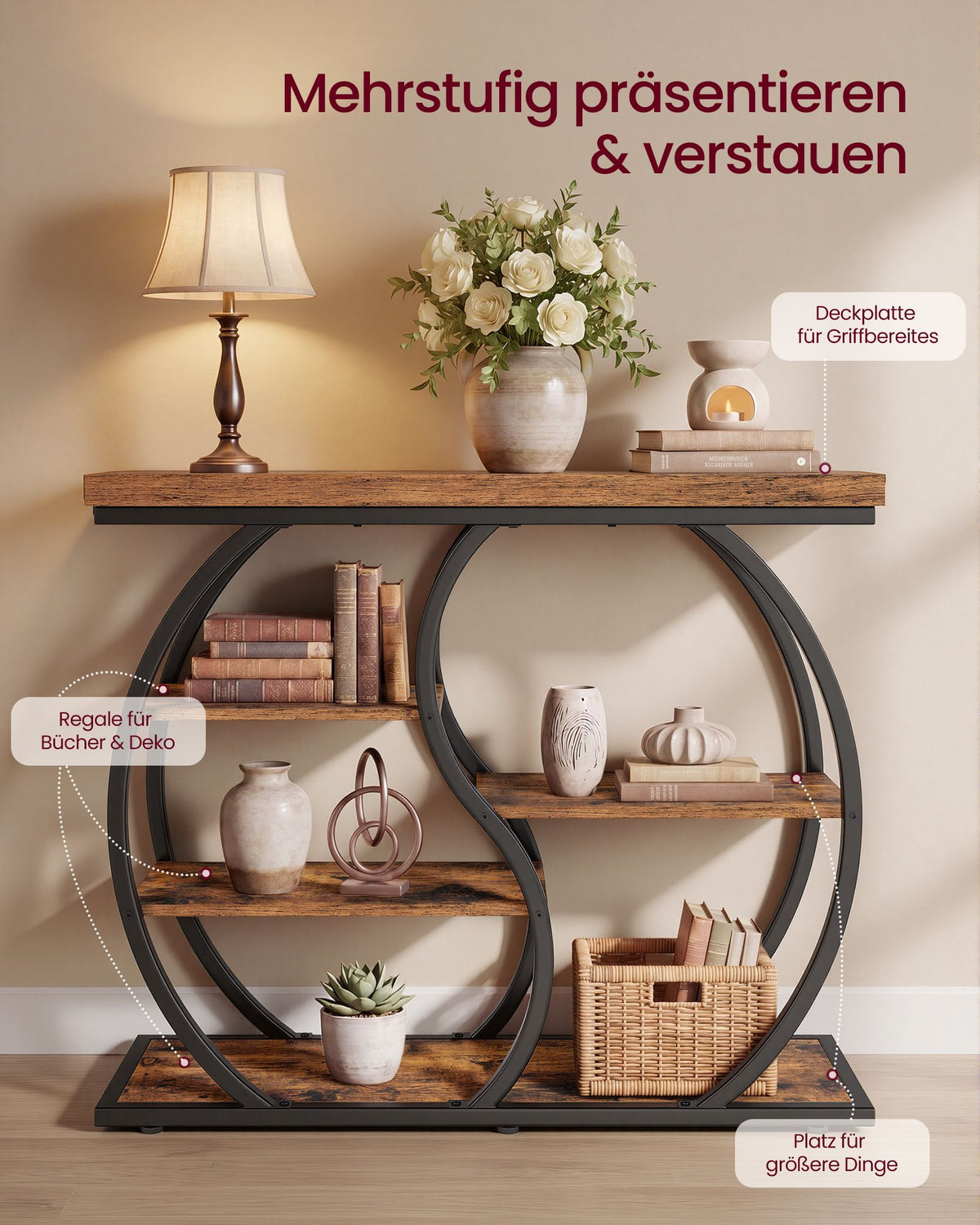 Sidetable – Industrieel – 5 Asymmetrische Planken – 100 cm – Rustiek Bruin en Zwart