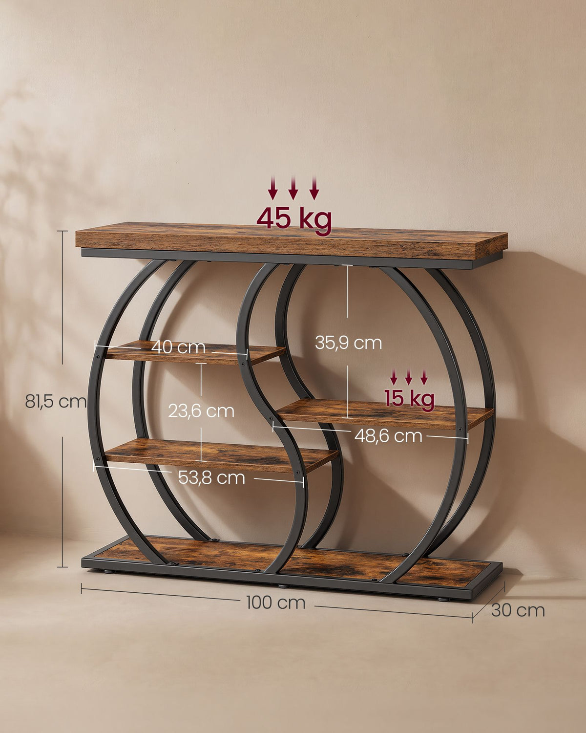 Sidetable – Industrieel – 5 Asymmetrische Planken – 100 cm – Rustiek Bruin en Zwart