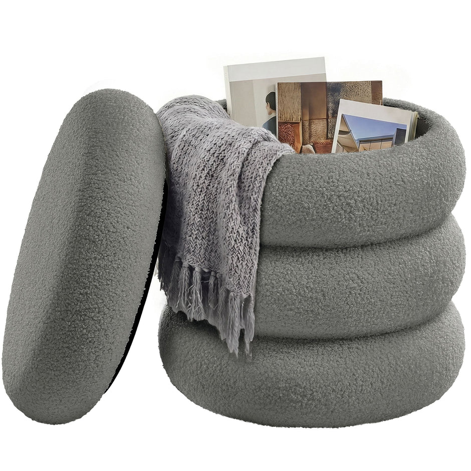 Ronde Poef met Opbergruimte – Teddyfleece – Afneembaar Deksel – Tot 150 kg – Leigrijs