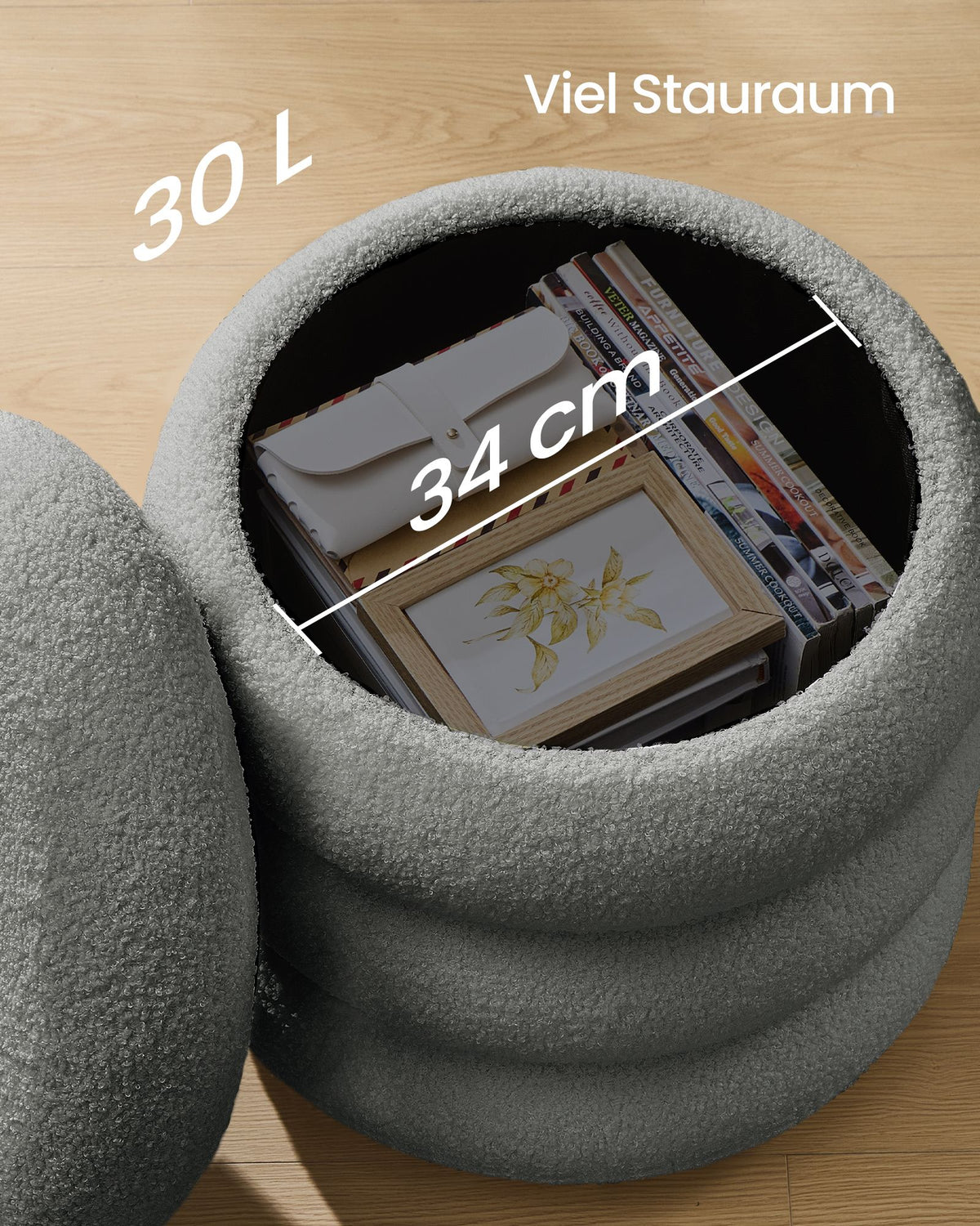 Ronde Poef met Opbergruimte – Teddyfleece – Afneembaar Deksel – Tot 150 kg – Leigrijs
