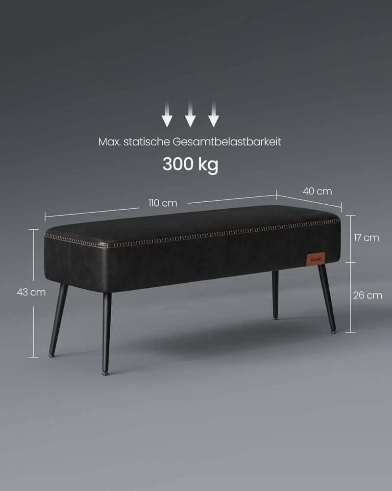 Bank - Fußschemel - Stahlbeine - künstliches Leder - Schwarz