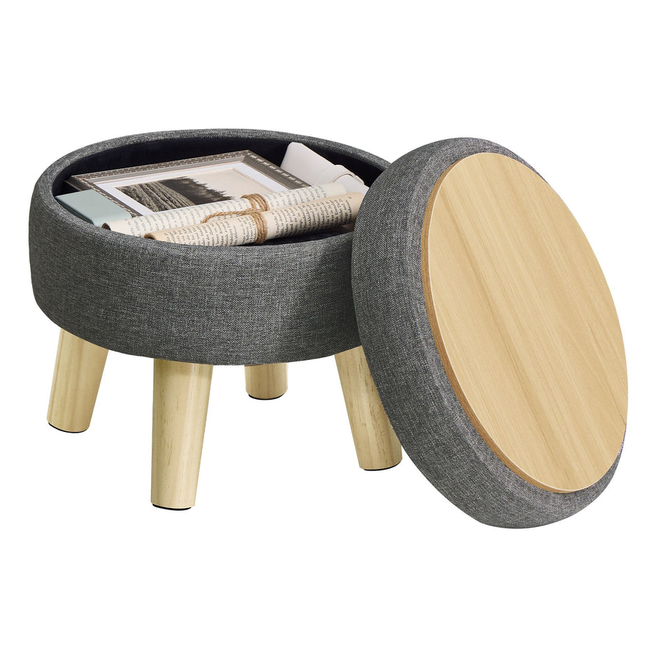 Poef met Opbergruimte – Rond – Linnenlook – Houten Poten – Leigrijs