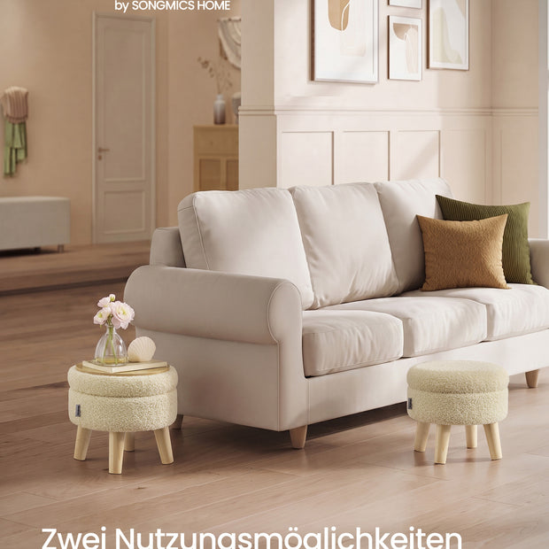 Poef met Opbergruimte – Rond – Teddy – Houten Poten – Lichtkaki