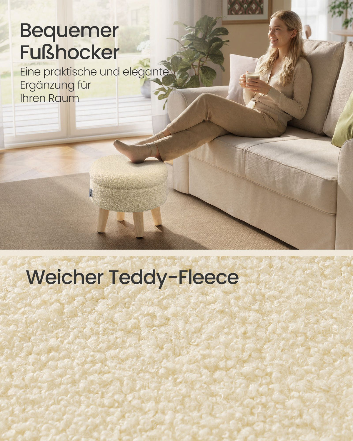 Poef met Opbergruimte – Rond – Teddy – Houten Poten – Lichtkaki