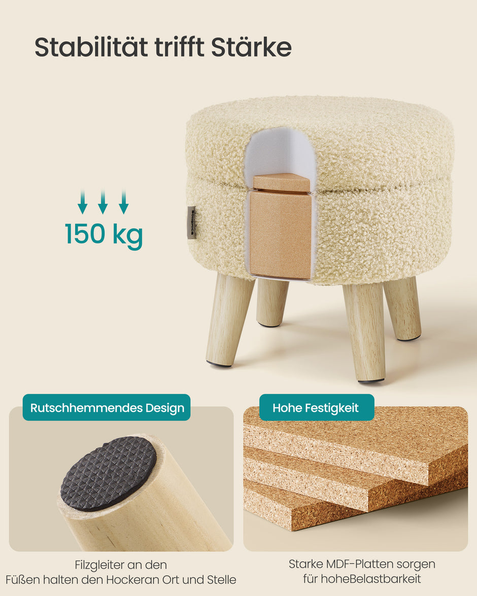 Poef met Opbergruimte – Rond – Teddy – Houten Poten – Lichtkaki