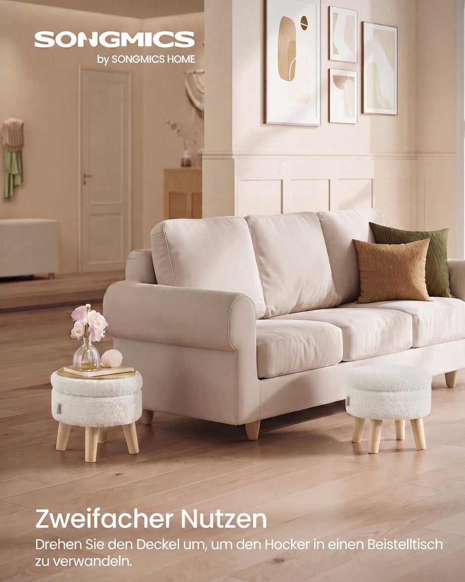 Poef met Opbergruimte – Rond – Teddy – Houten Poten – Crèmewit