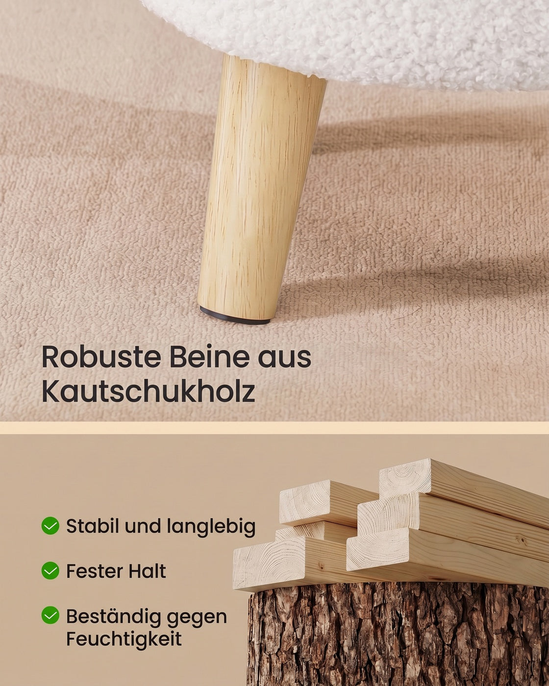 Poef met Opbergruimte – Rond – Teddy – Houten Poten – Crèmewit
