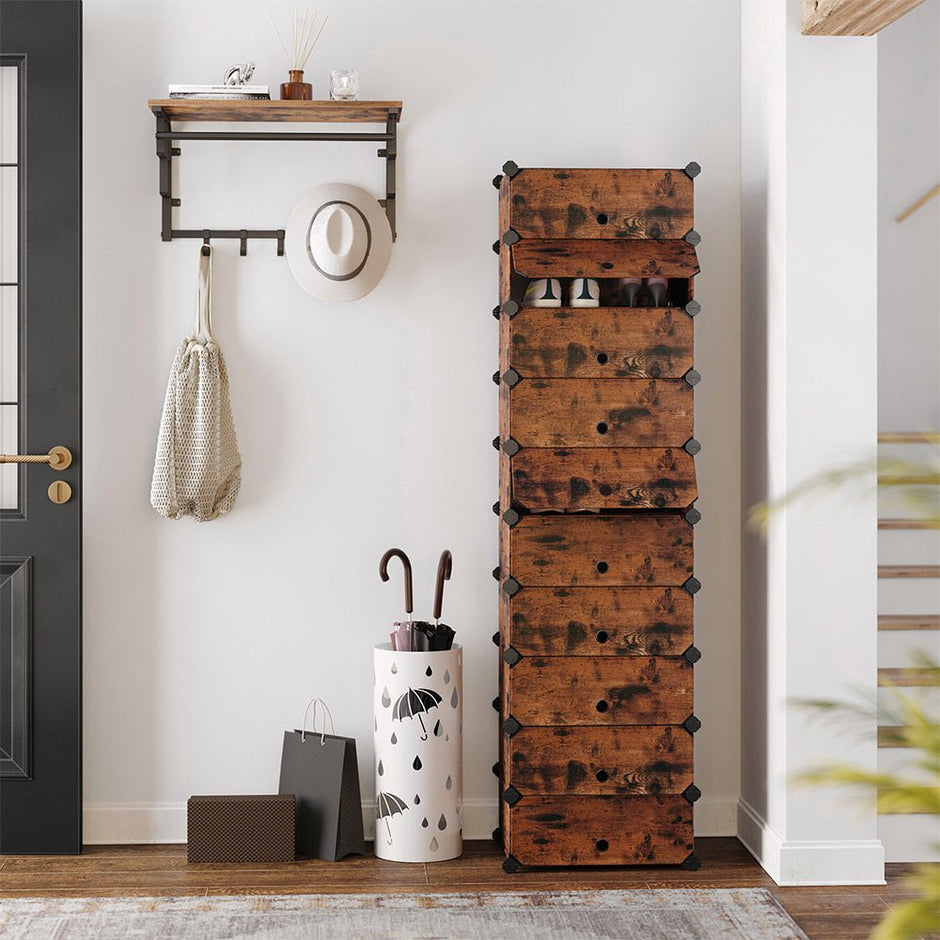 Schuhregal - Plankensystem - 10 Fächer - Holzaussehen - braun