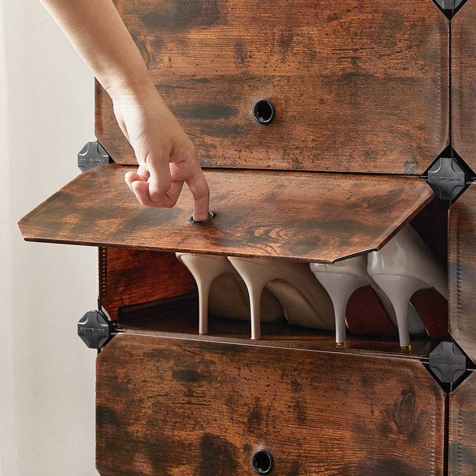 Schuhregal - Plankensystem - 10 Fächer - Holzaussehen - braun