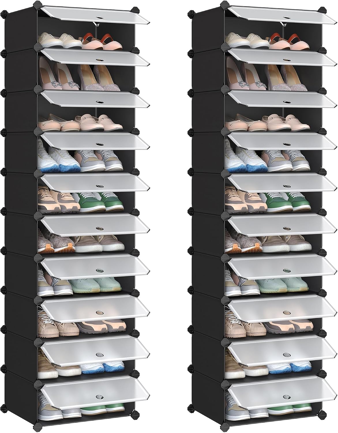 Schoenenrek – 10 Vakken – Set van 2 – Met Deurtjes – Kunststof – Zwart