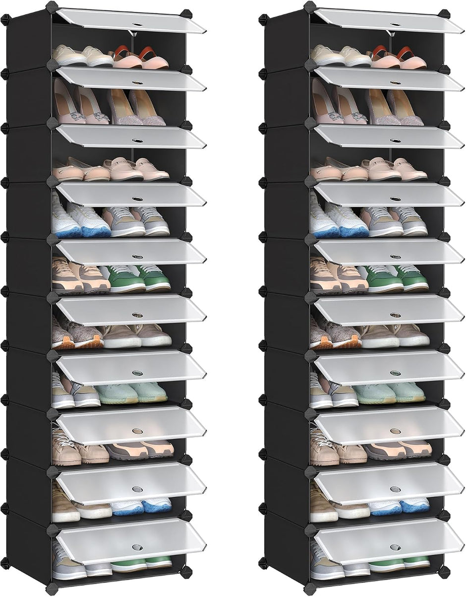 Schoenenrek – 10 Vakken – Set van 2 – Met Deurtjes – Kunststof – Zwart