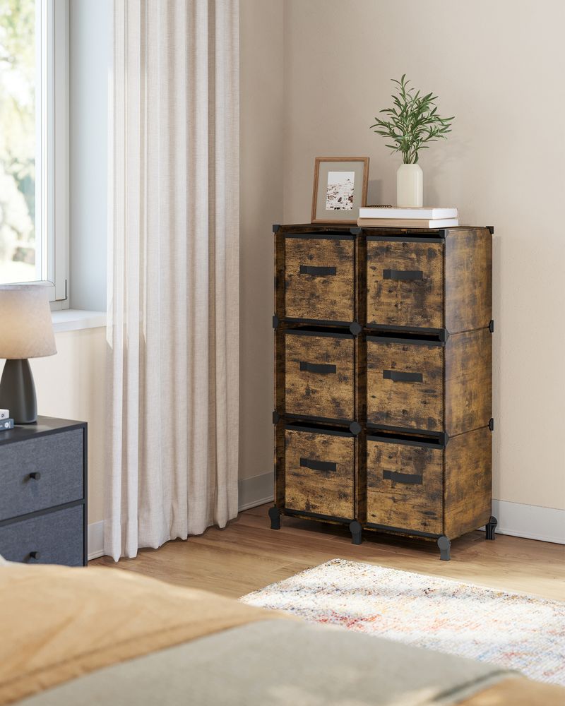 Würfelschrank - Lagerschrank - mit 6 Fächern und 6 Kisten - einfach zu montieren - Brown