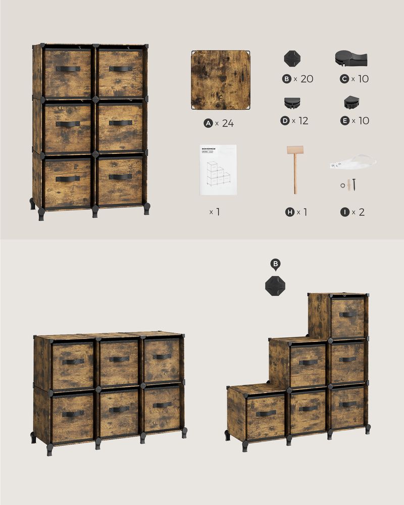 Würfelschrank - Lagerschrank - mit 6 Fächern und 6 Kisten - einfach zu montieren - Brown