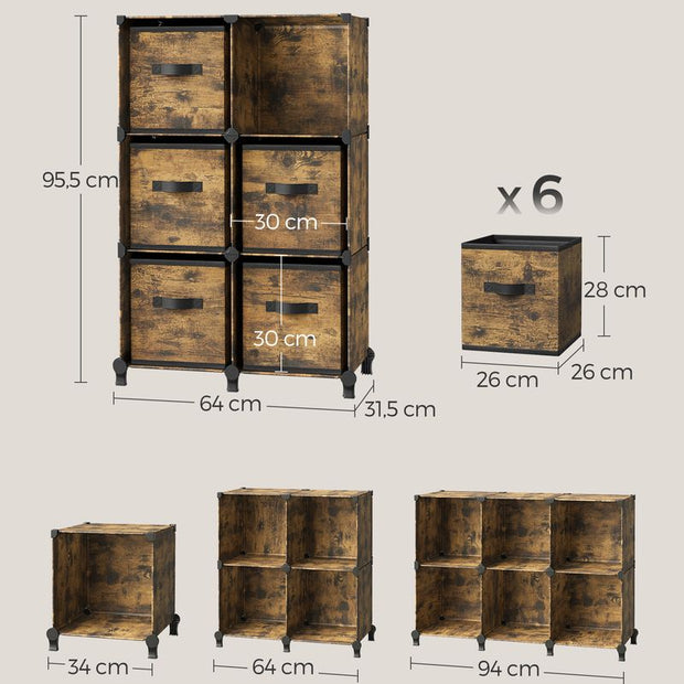 Würfelschrank - Lagerschrank - mit 6 Fächern und 6 Kisten - einfach zu montieren - Brown