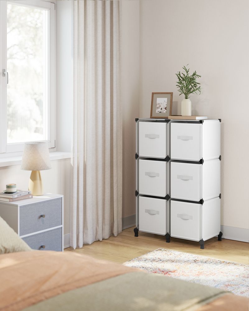 Würfelschrank - Lagerschrank - mit 6 Fächern und 6 Kisten - einfach zu montieren - Weiß