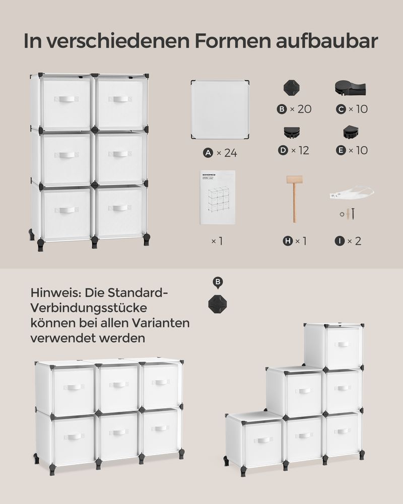 Würfelschrank - Lagerschrank - mit 6 Fächern und 6 Kisten - einfach zu montieren - Weiß