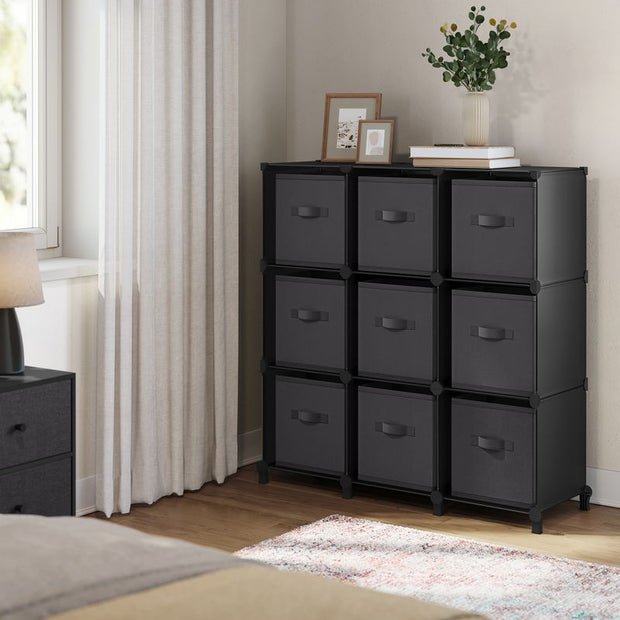 Würfelschrank - Lagerschrank - mit 9 Fächern und 9 Kisten - einfach zu montieren - schwarz