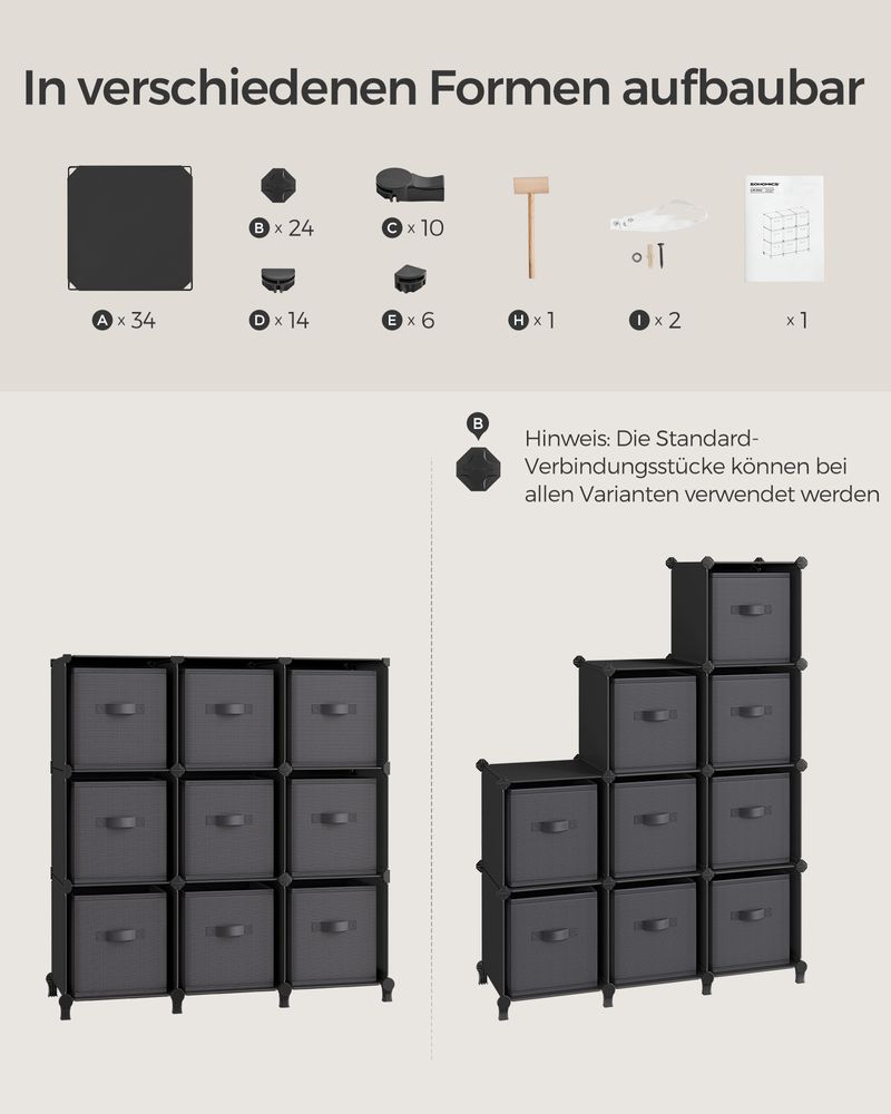 Würfelschrank - Lagerschrank - mit 9 Fächern und 9 Kisten - einfach zu montieren - schwarz