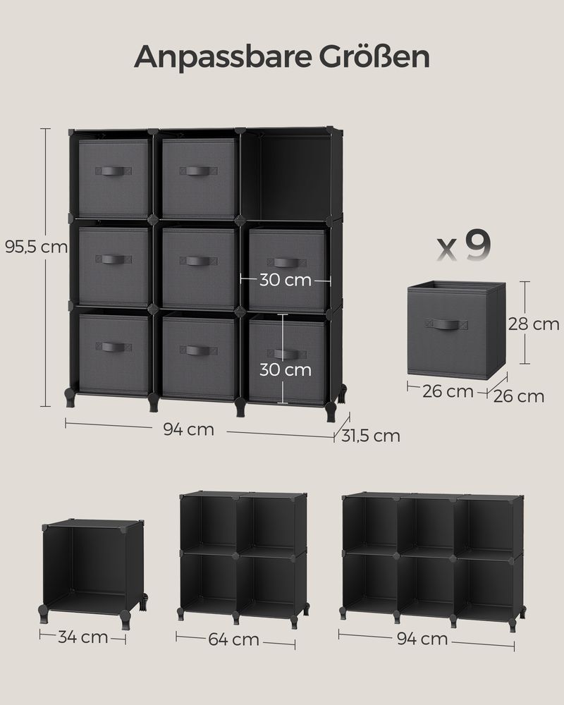 Würfelschrank - Lagerschrank - mit 9 Fächern und 9 Kisten - einfach zu montieren - schwarz