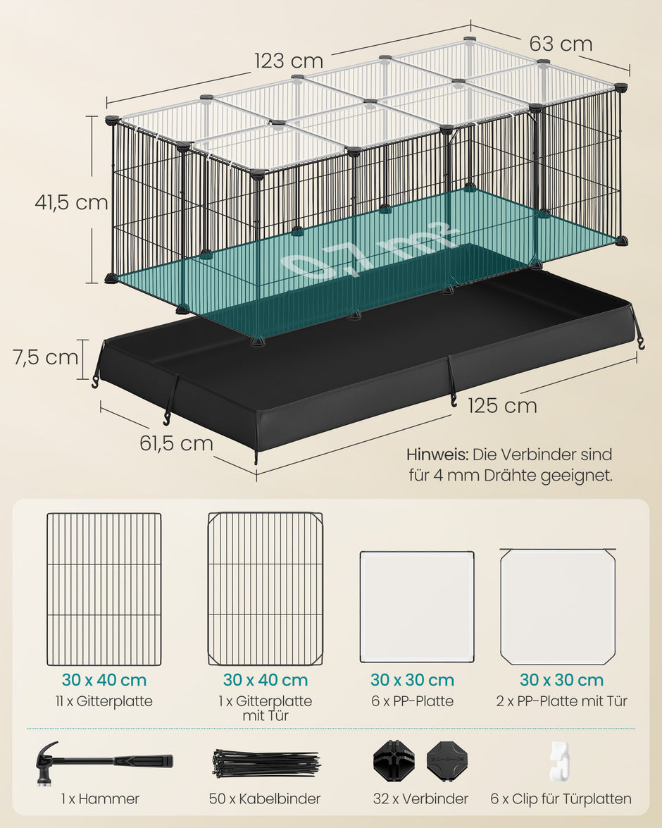 Konijnenren – 3 Deuren – 20 Panelen – Waterbestendige Bodemmat – 123 x 63 x 41,5 cm – Inktzwart