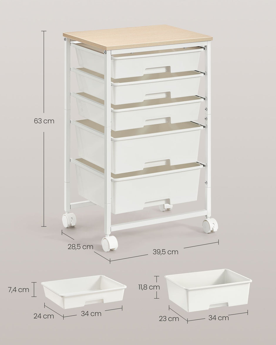 Rolwagen - Met Schuifladen op Wielen - Wit - 39,5 x 28,5 x 63 cm