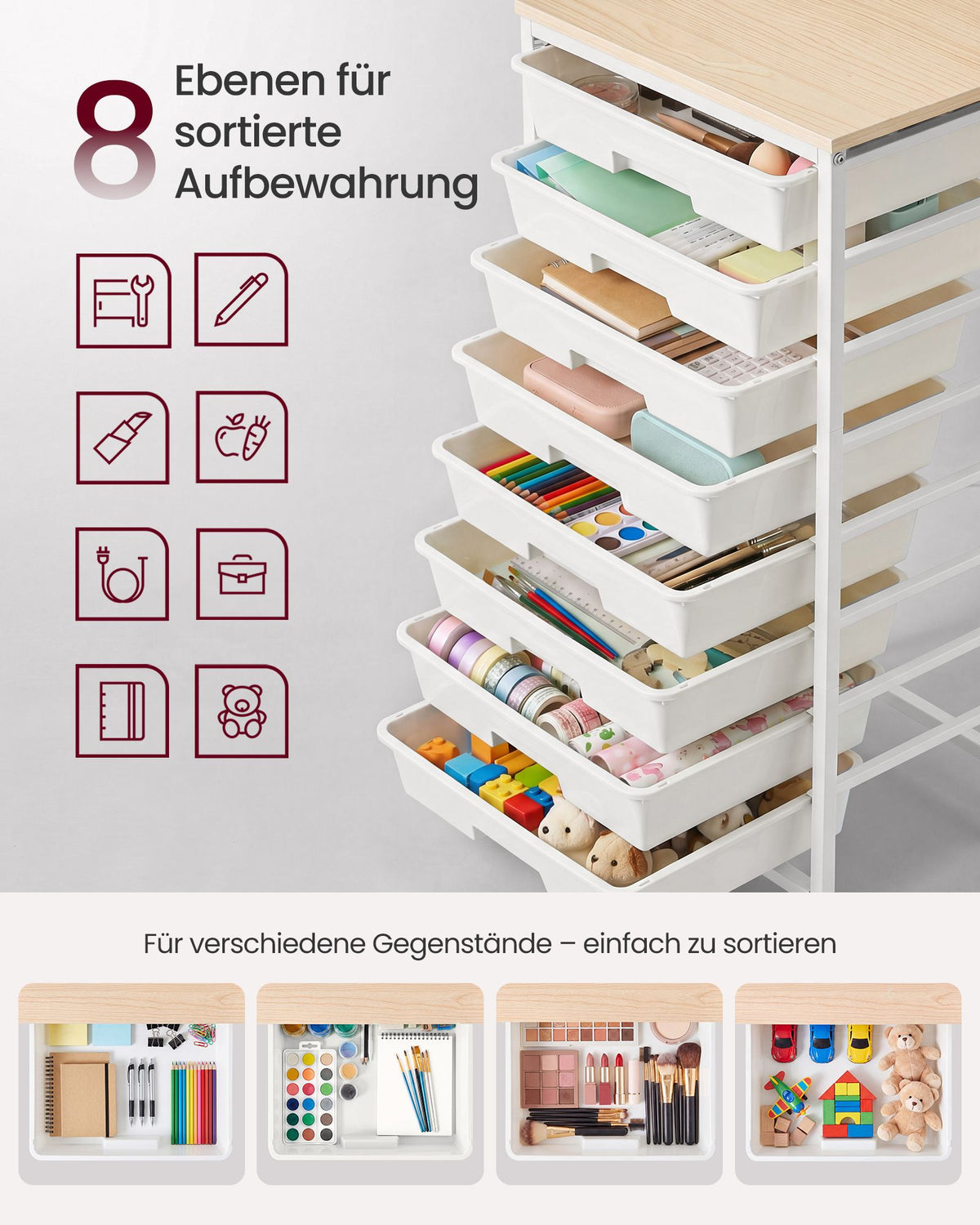 Rolwagen - Met Schuifladen op Wielen - Wit - 39,5 x 28,5 x 76,5 cm
