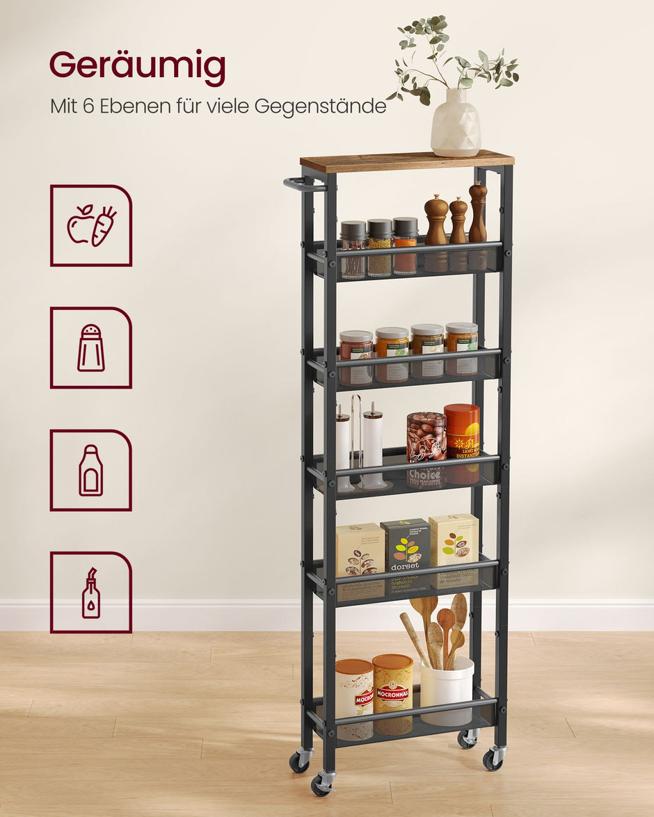 Keukenrolwagen - Smal met Meerdere Ebenen - Vintagebruin-zwart - 45,4 x 15 x 131,4 cm