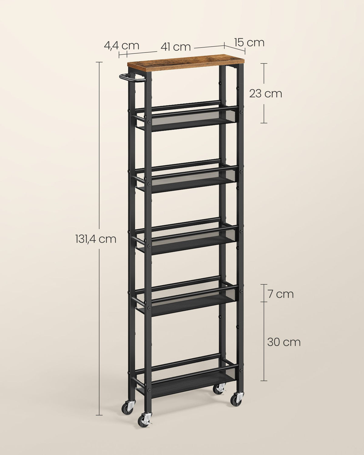 Keukenrolwagen - Smal met Meerdere Ebenen - Vintagebruin-zwart - 45,4 x 15 x 131,4 cm