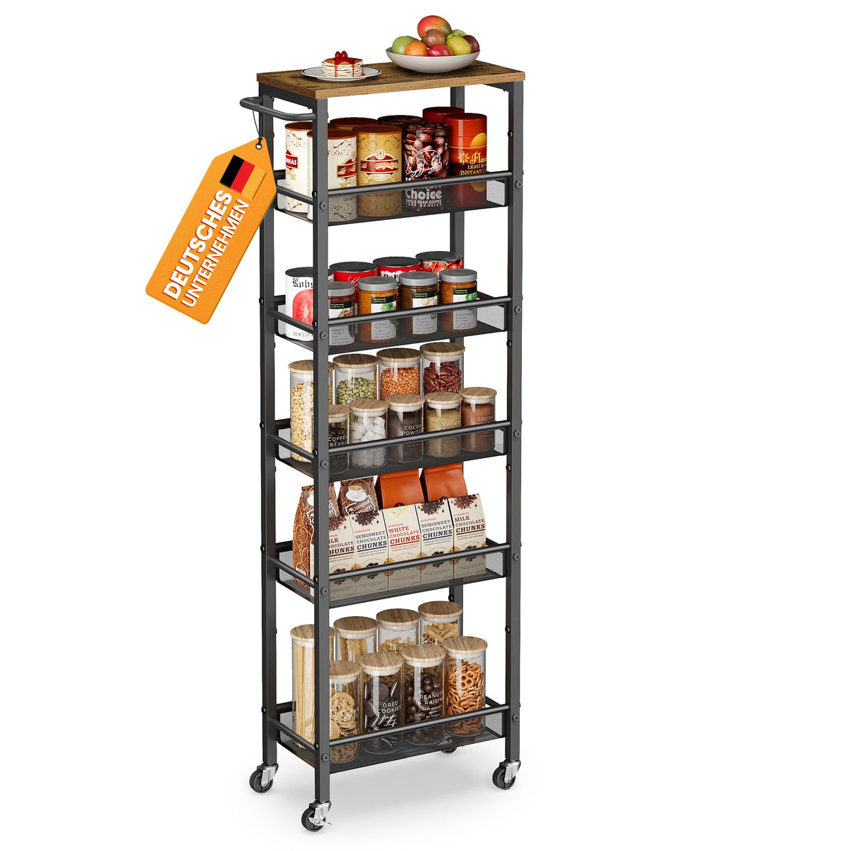 Keukenrolwagen - Smal met Meerdere Ebenen - Rustiek bruin-matzwart - 45,4 x 22 x 131,4 cm